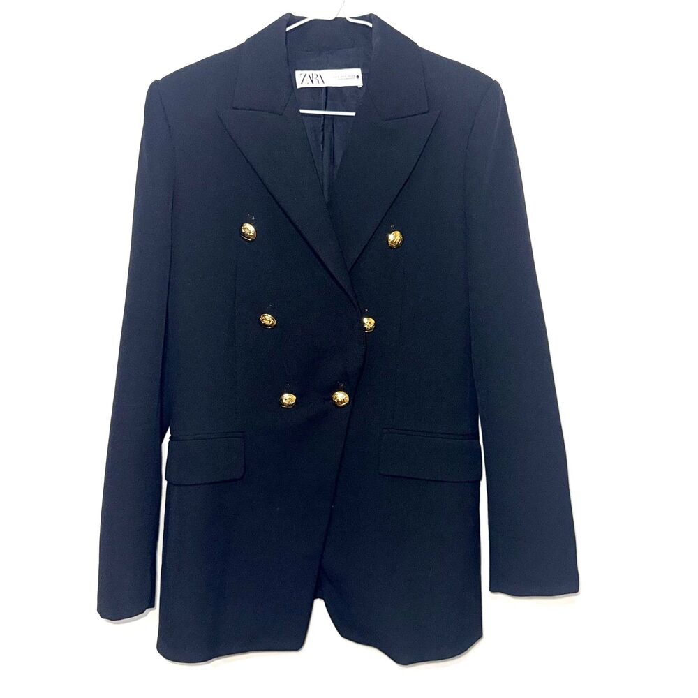 ZARA Structured Double Breasted Blazer With Gold Buttons - Black S - Picture 3 of 7